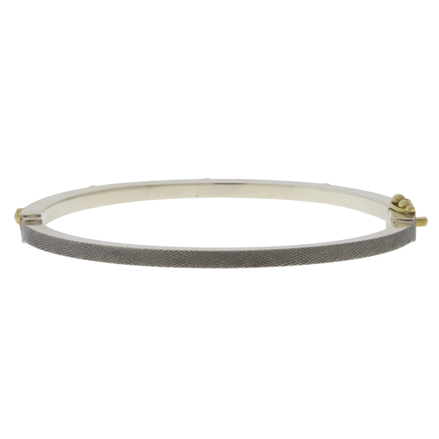 Rene Escobar Trunk Show:27 0.30CT 2.5MM. SS hinged bangle featuring an 18k YG push button style clasp and a solid 18k YG top sheet and 5 18k YG bezels set with 0.30CT of EME.