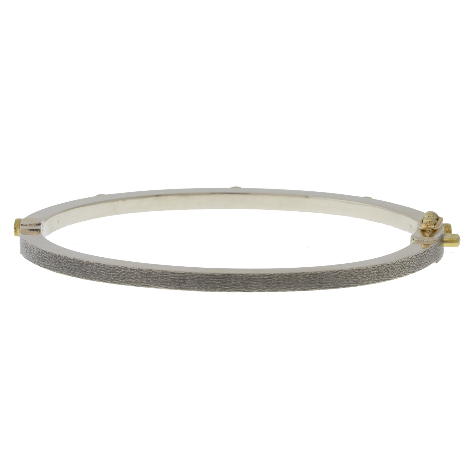 Rene Escobar Trunk Show:26 0.20CT 2.5MM. SS hinged bangle featuring an 18k YG push button style clasp and 18k YG top sheet and bezels set with 0.20CT in WH diamonds.