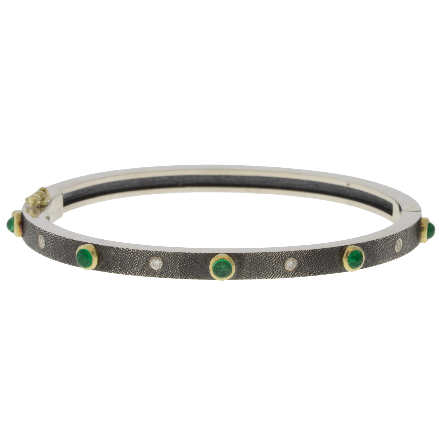 Rene Escobar Trunk Show:30 0.65CT 4MM. SILVER BANGLE WITH 5 YG BEZELS SET WITH EMERALD.