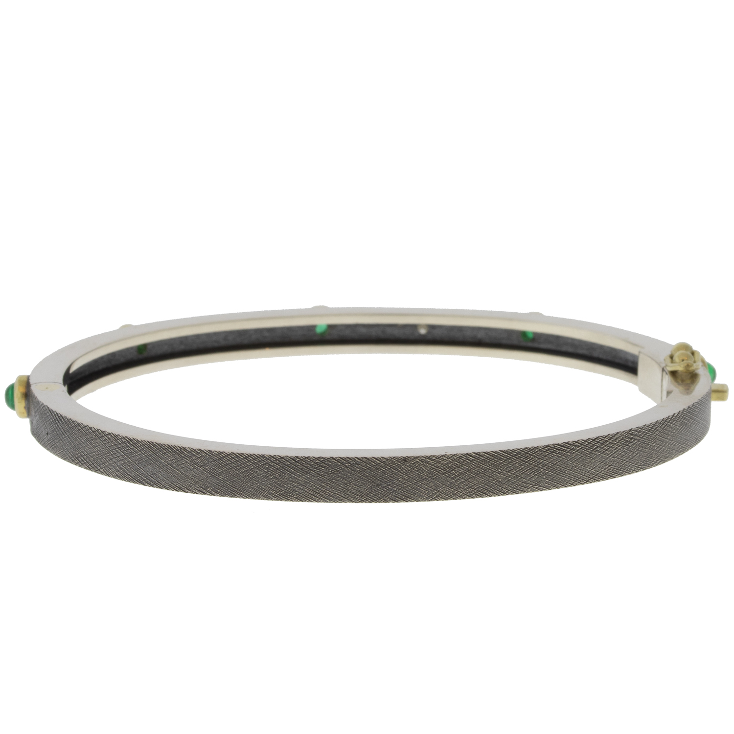 Rene Escobar Trunk Show:30 0.65CT 4MM. SILVER BANGLE WITH 5 YG BEZELS SET WITH EMERALD.