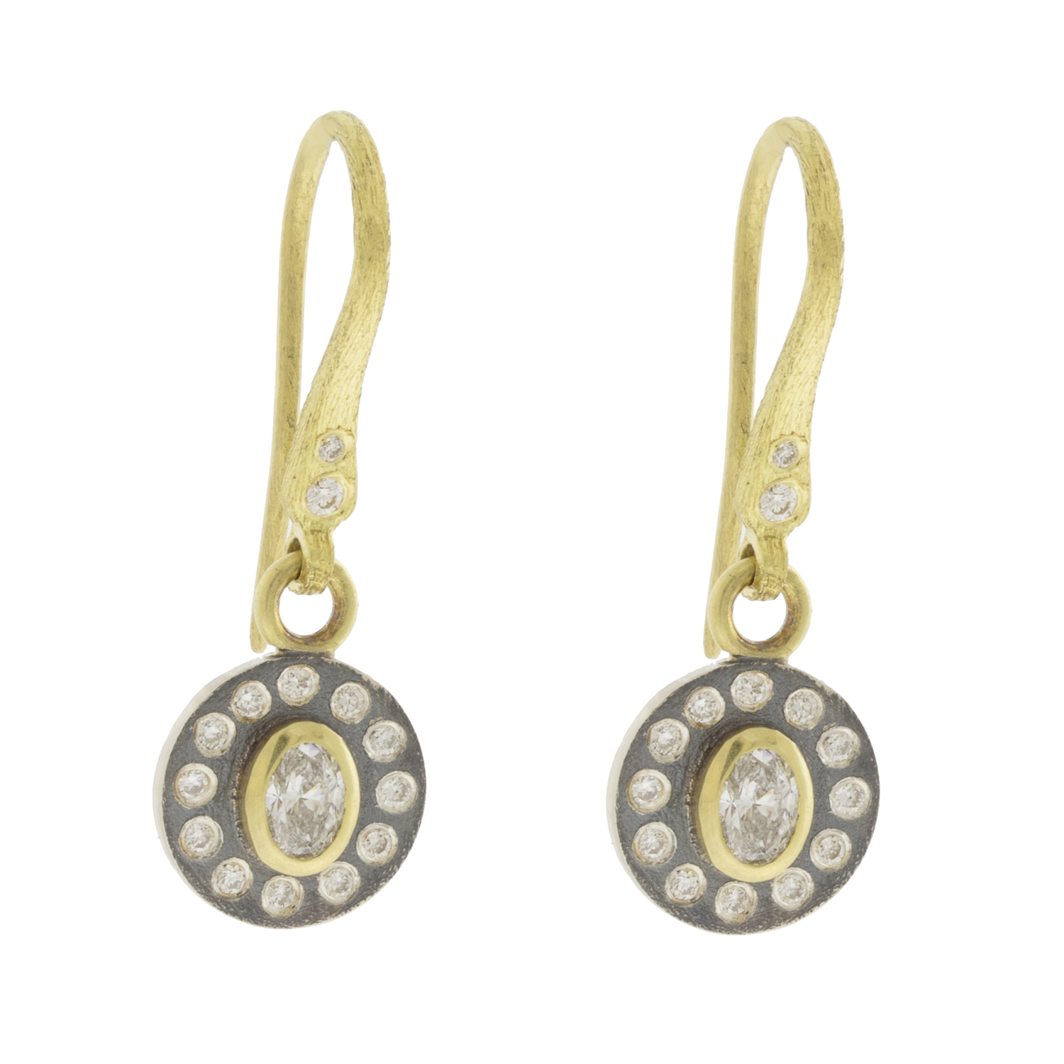 Rene Escobar Trunk Show:SS drop earrings with a 18K YG bezel set with EC cut 0.55CT in WH diamonds and a 18k YG wire
