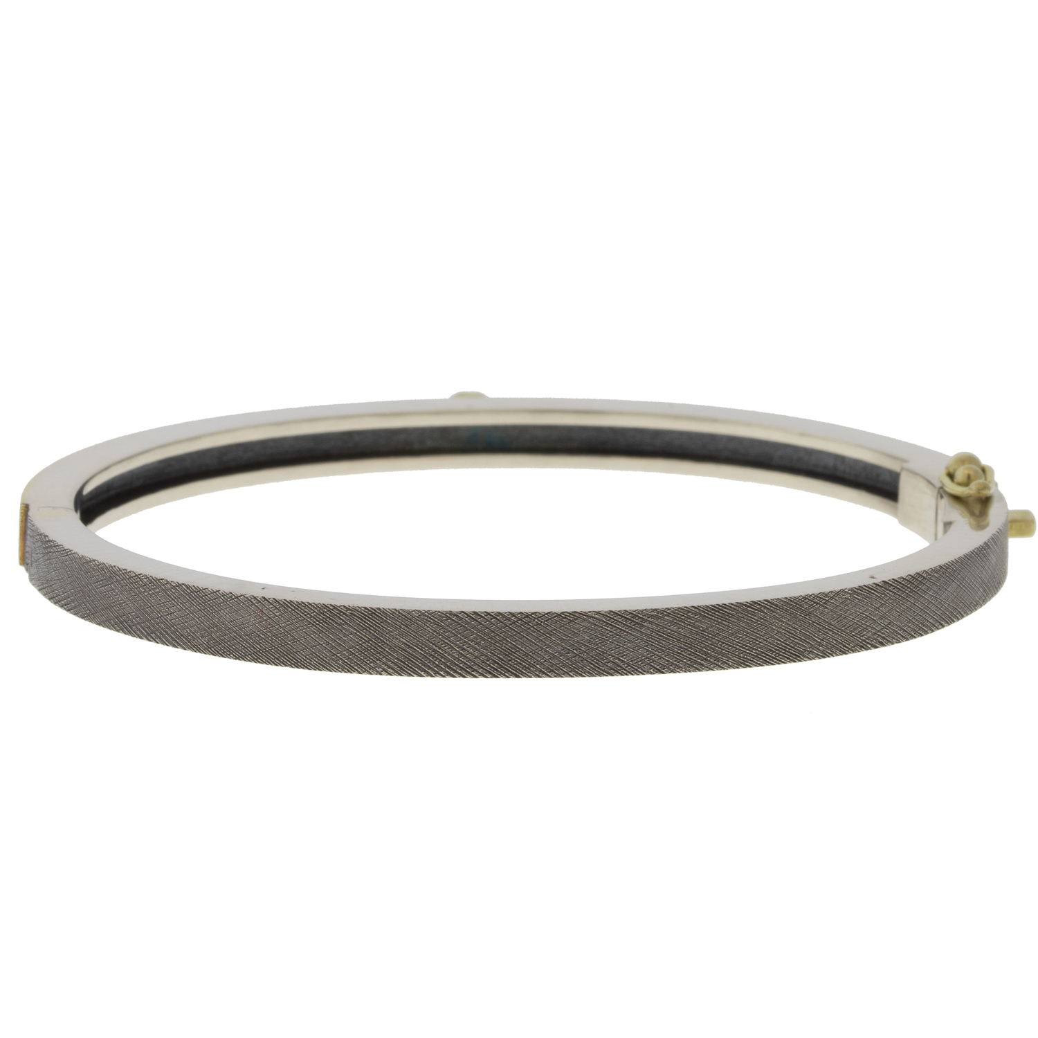Rene Escobar Trunk Show:36 4MM. SS hinged bangle featuring an 18k YG push button style clasp and a solid 18k YG top sheet and bezel set with RND cut with 0.35CT of WH diamonds.