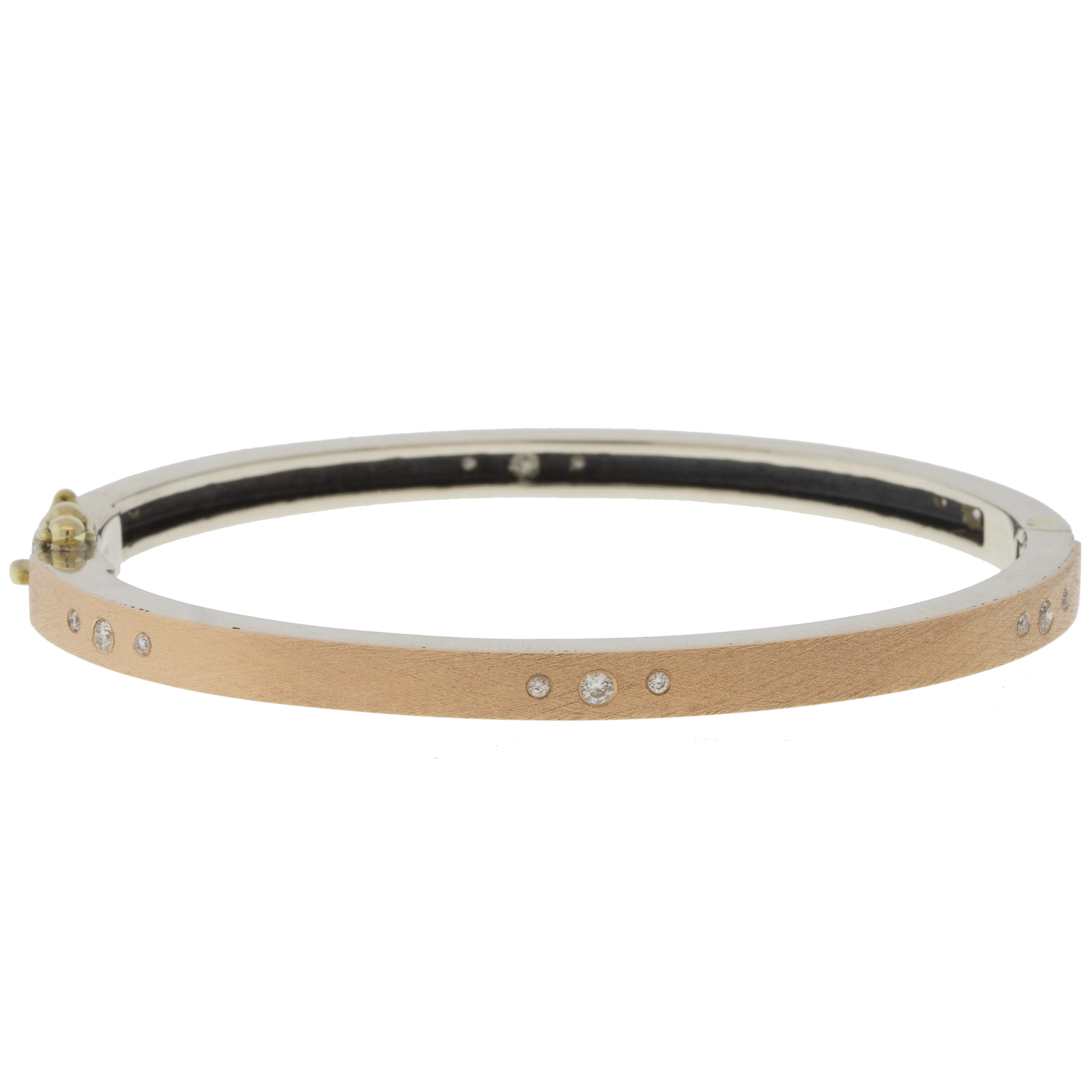 Rene Escobar Trunk Show:38 4MM. SS hinged bangle featuring an 18k YG push button style clasp and a solid 18K RG top sheet set with 0.42CT of WH diamonds