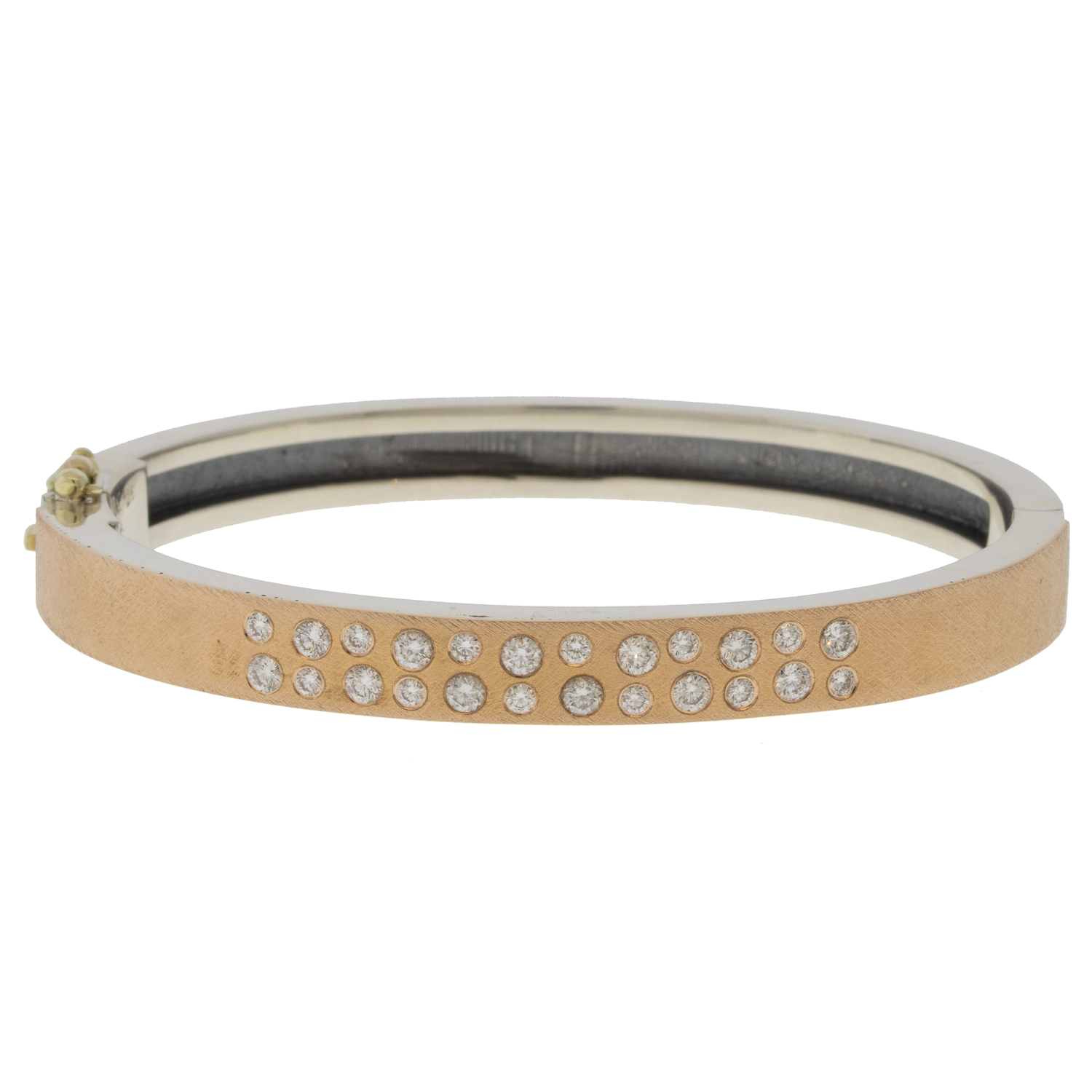 Rene Escobar Trunk Show:#39 6MM. SS hinged bangle featuring an 18k YG push button style clasp with 18k RG top sheet set with 0.85CT of WH diamonds.
