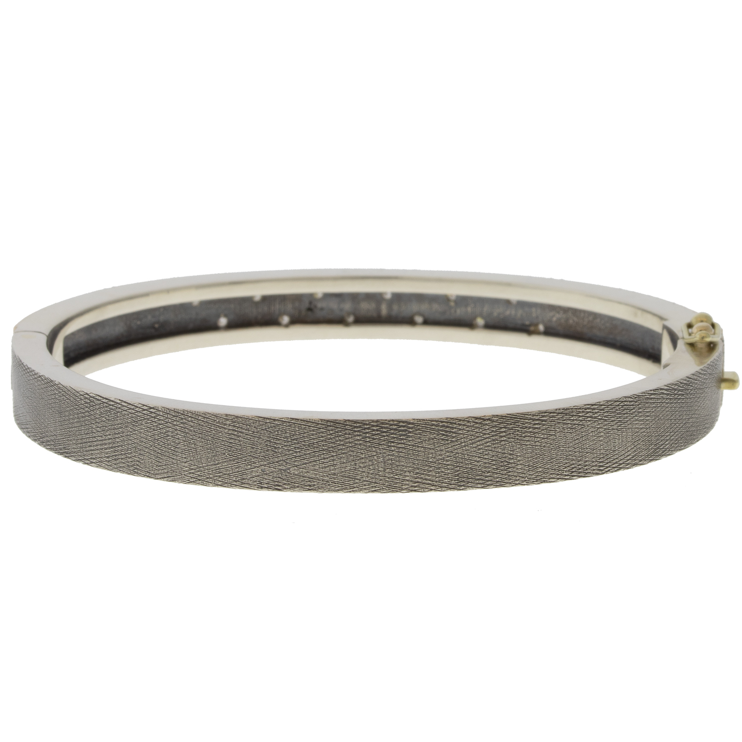 Rene Escobar Trunk Show:#39 6MM. SS hinged bangle featuring an 18k YG push button style clasp with 18k RG top sheet set with 0.85CT of WH diamonds.