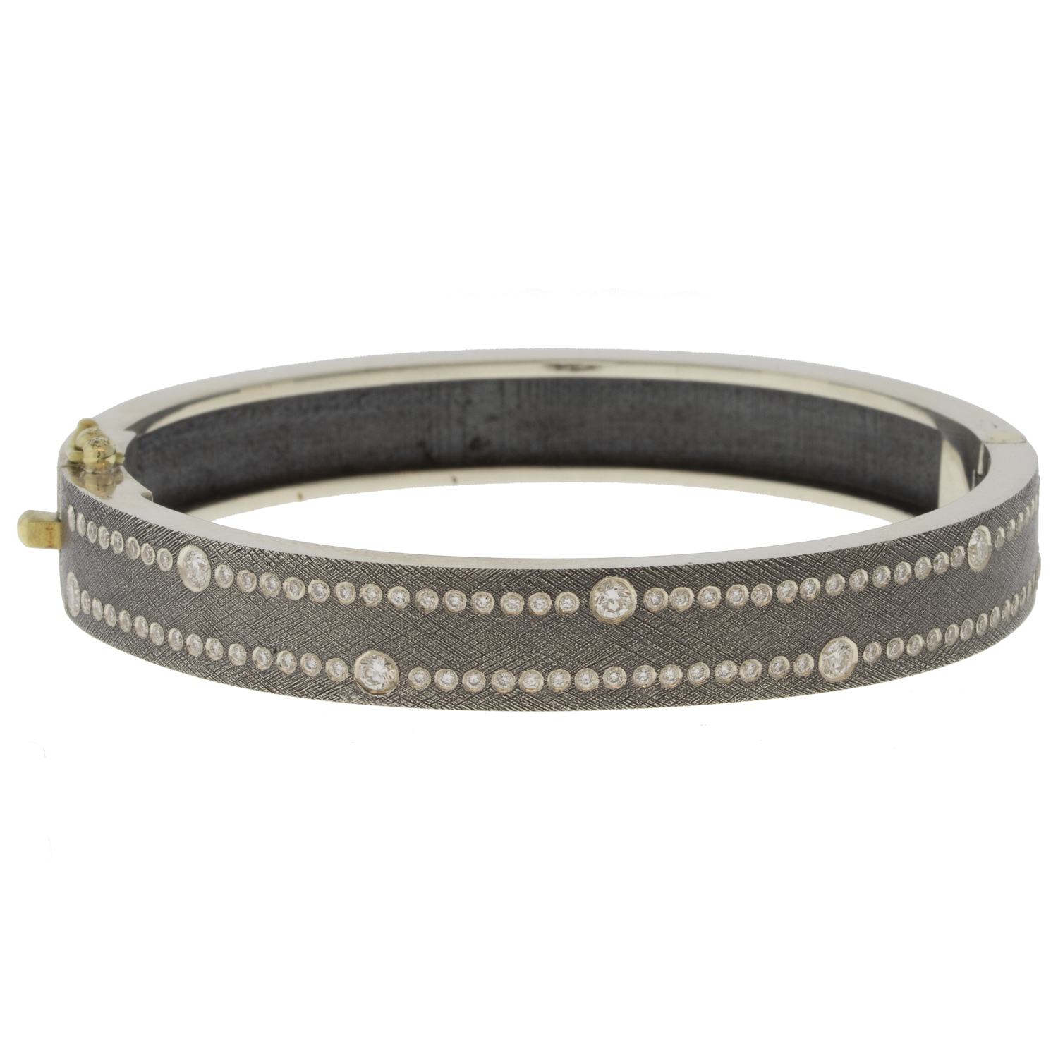 Rene Escobar Trunk Show:#42 8MM. SS hinged bangle featuring an 18k YG push button style clasp set with 0.80CT of WH diamonds