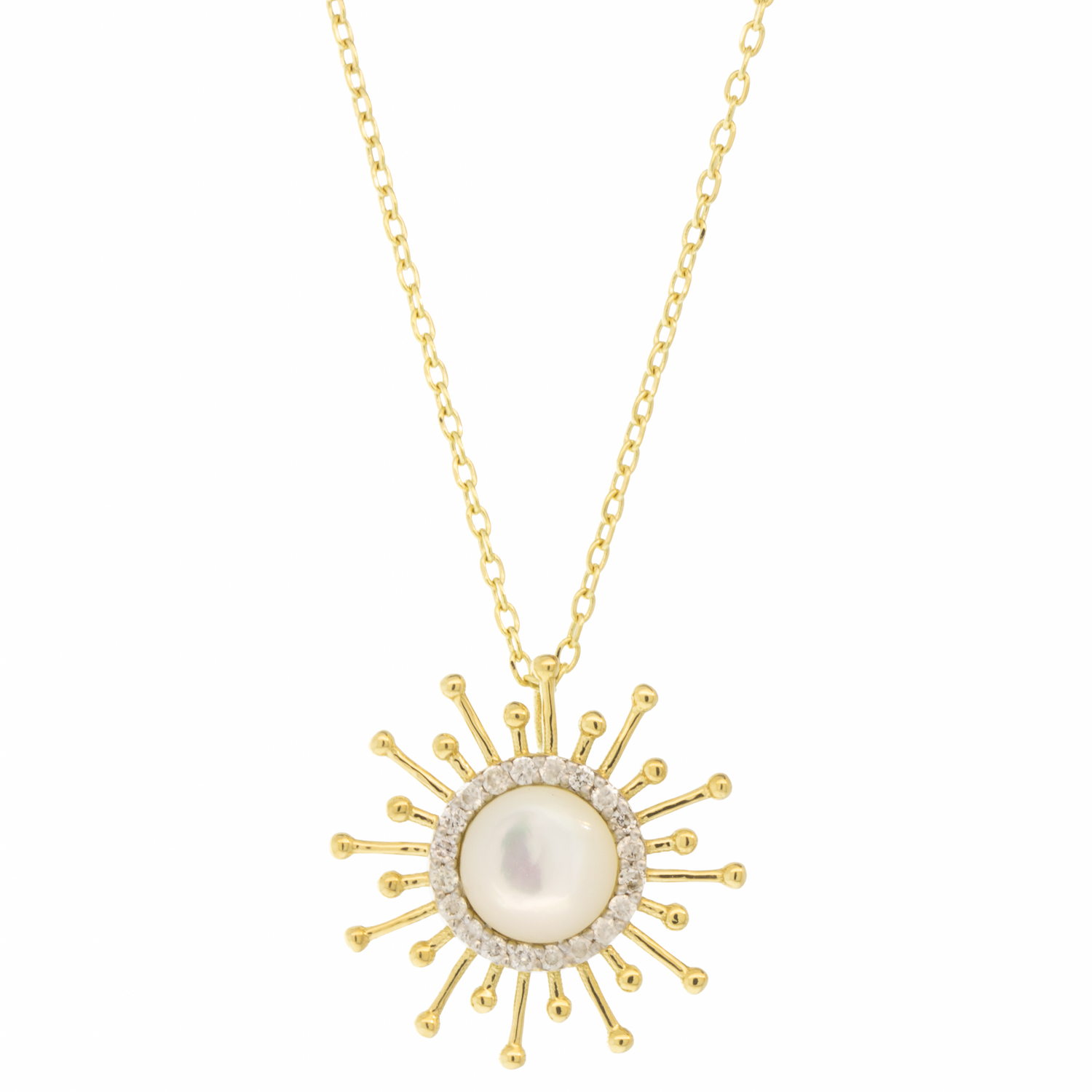 L'atelier Nawbar:Mini Spiky Sun MOP, Handamde 18 ct yellow gold necklace encrusted with 0.02 ct white diamonds and hand carved WMOP stones. Weight: 2.2 gr