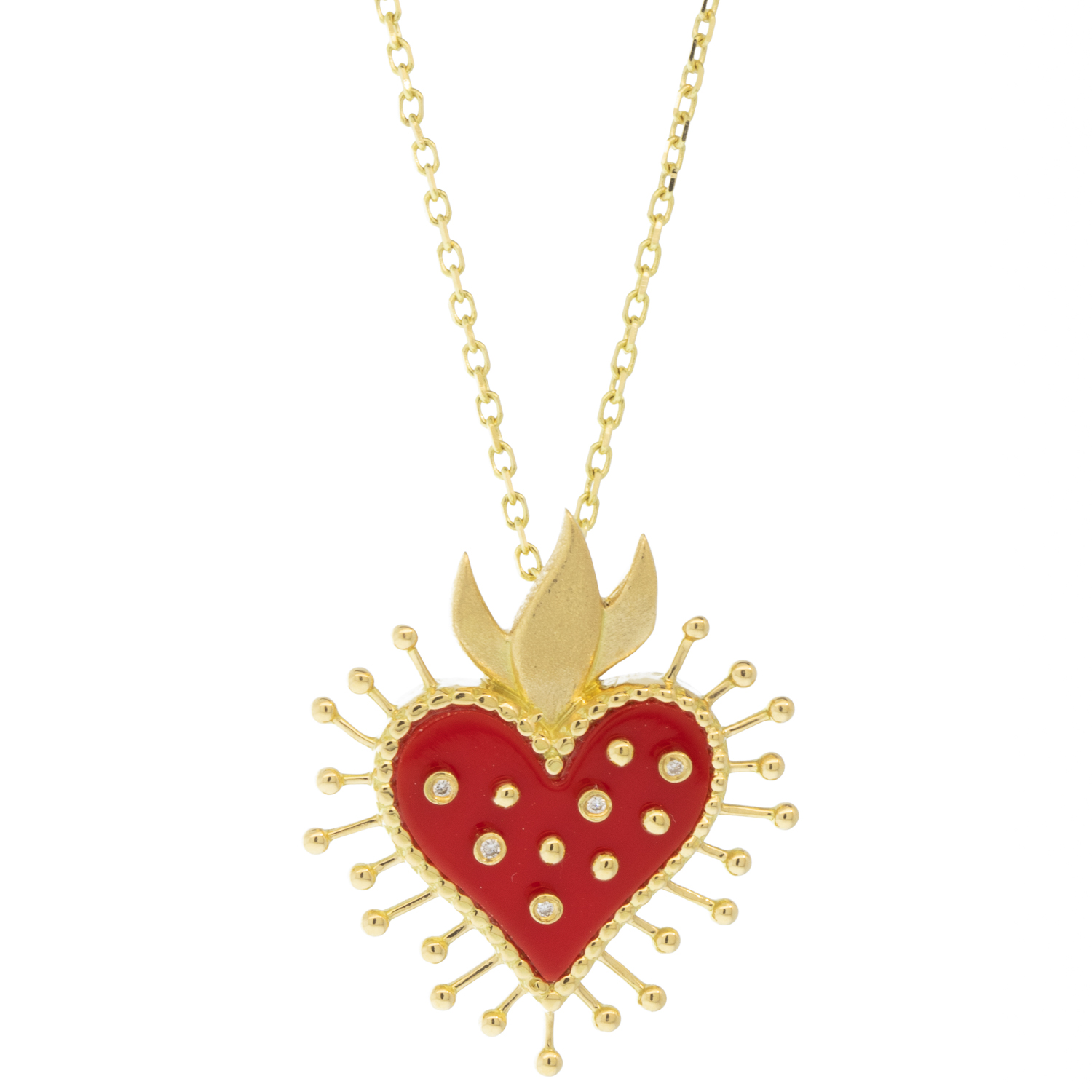 L'atelier Nawbar:Flame Heart necklace,RED Handmade 18K gold necklace inlaid with red coral stone and encrusted with 0.03 ct of round white diamonds. Weight : 4.35 gr.