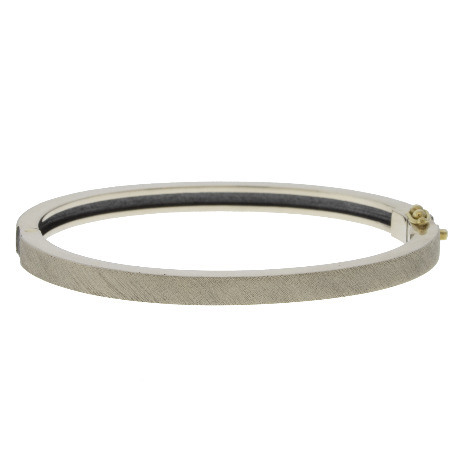 Rene Escobar Trunk Show:#43 4MM. SS hinged bangle featuring an 18k YG push button style clasp and a solid 18k WG top sheet set with 0.28CT of WH diamonds.