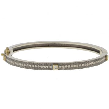 Rene Escobar :PRINCESS  4MM. SS hinged bangle featuring an 18k YG push button style clasp and set with 3 18k YG bezels PRINC cut 0.45CT in WH diamonds.