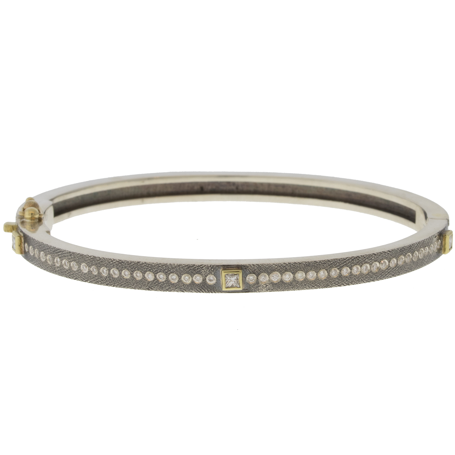 Rene Escobar Trunk Show:#47 4MM. SS hinged bangle featuring an 18k YG push button style clasp and set with 3 18k YG bezels PRINC cut 0.45CT in WH diamonds.