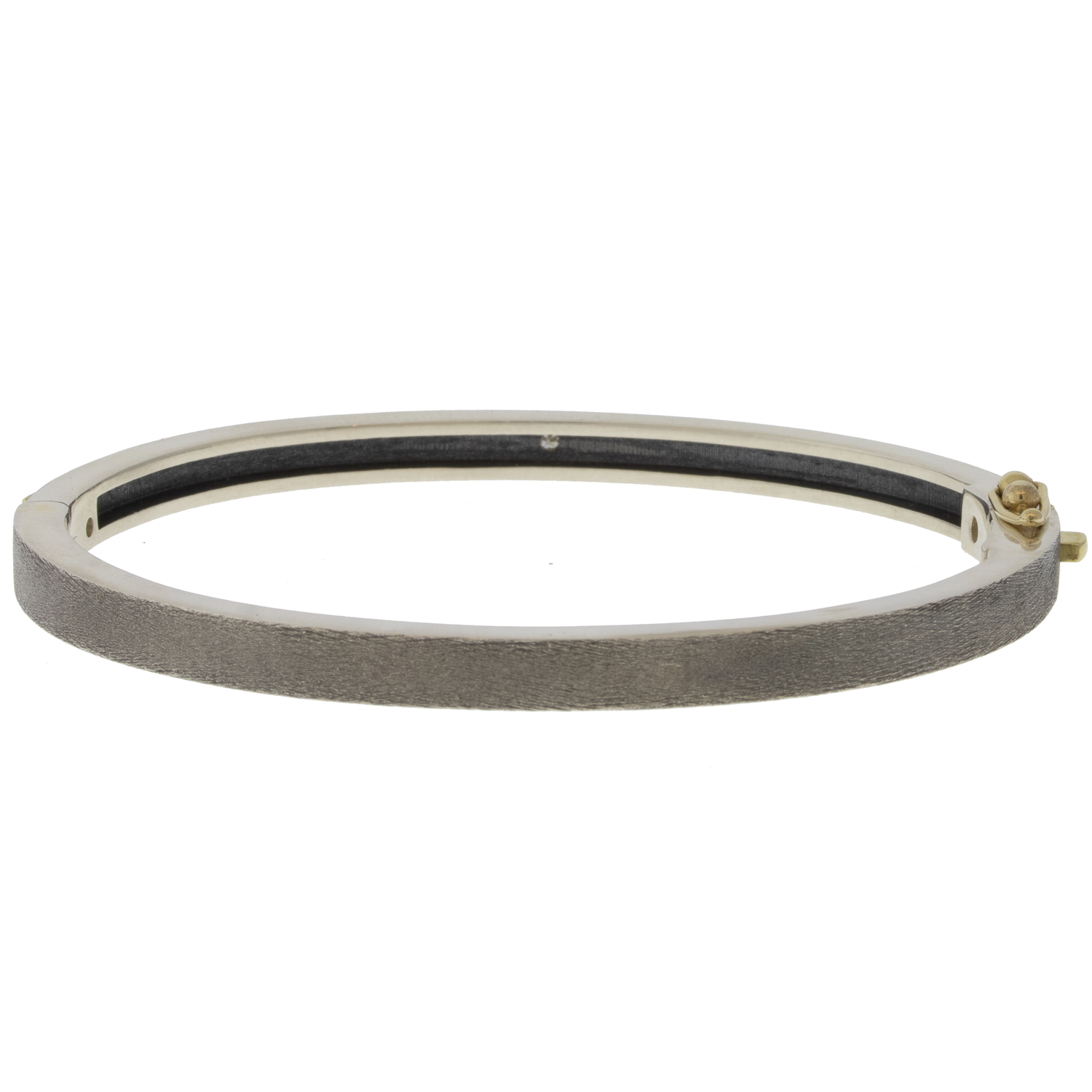 Rene Escobar Trunk Show:#47 4MM. SS hinged bangle featuring an 18k YG push button style clasp and set with 3 18k YG bezels PRINC cut 0.45CT in WH diamonds.