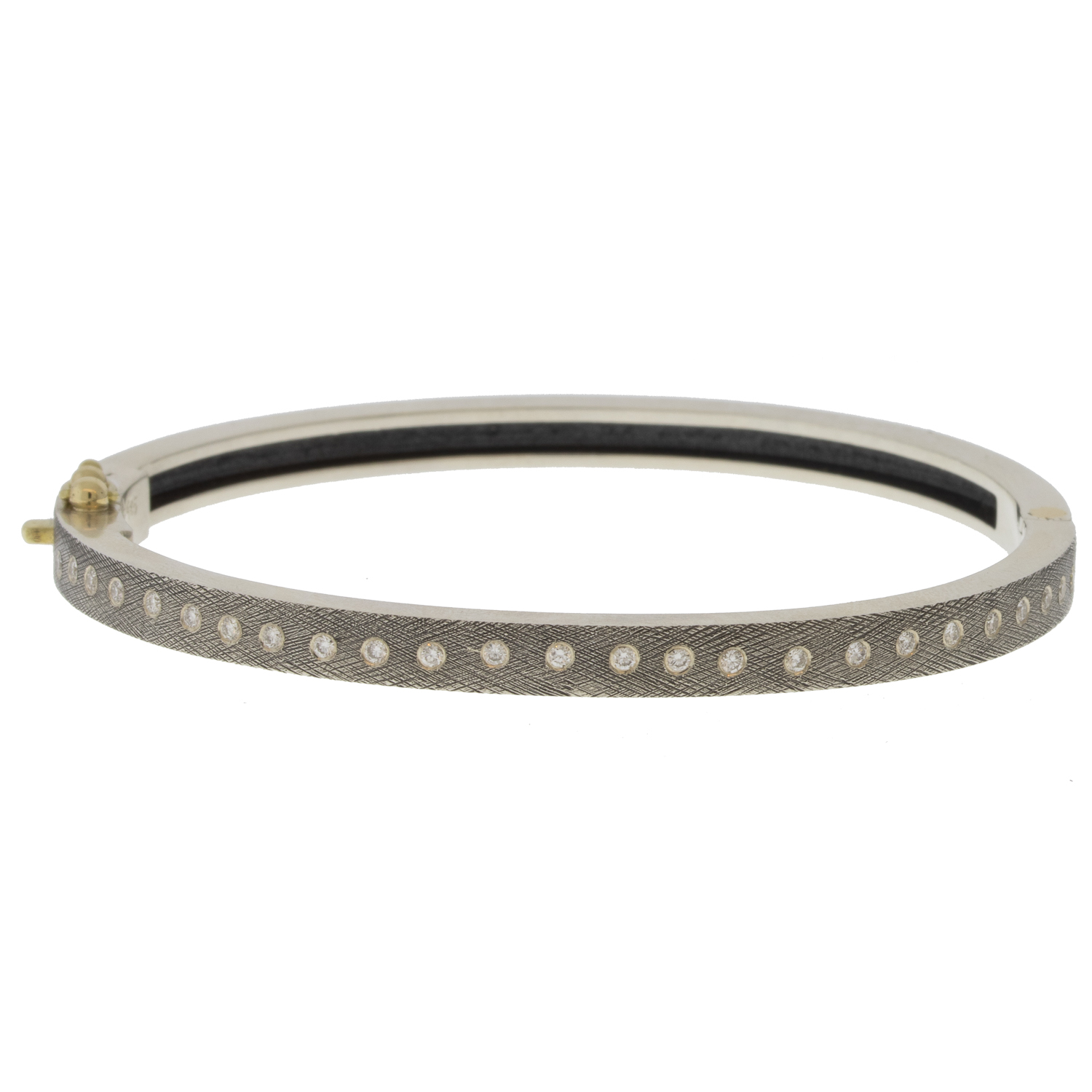 Rene Escobar Trunk Show:#49 4MM. SS hinged bangle featuring an 18k YG push button style clasp and a solid 18k RG top sheet set with 0.50CT of WH diamonds.