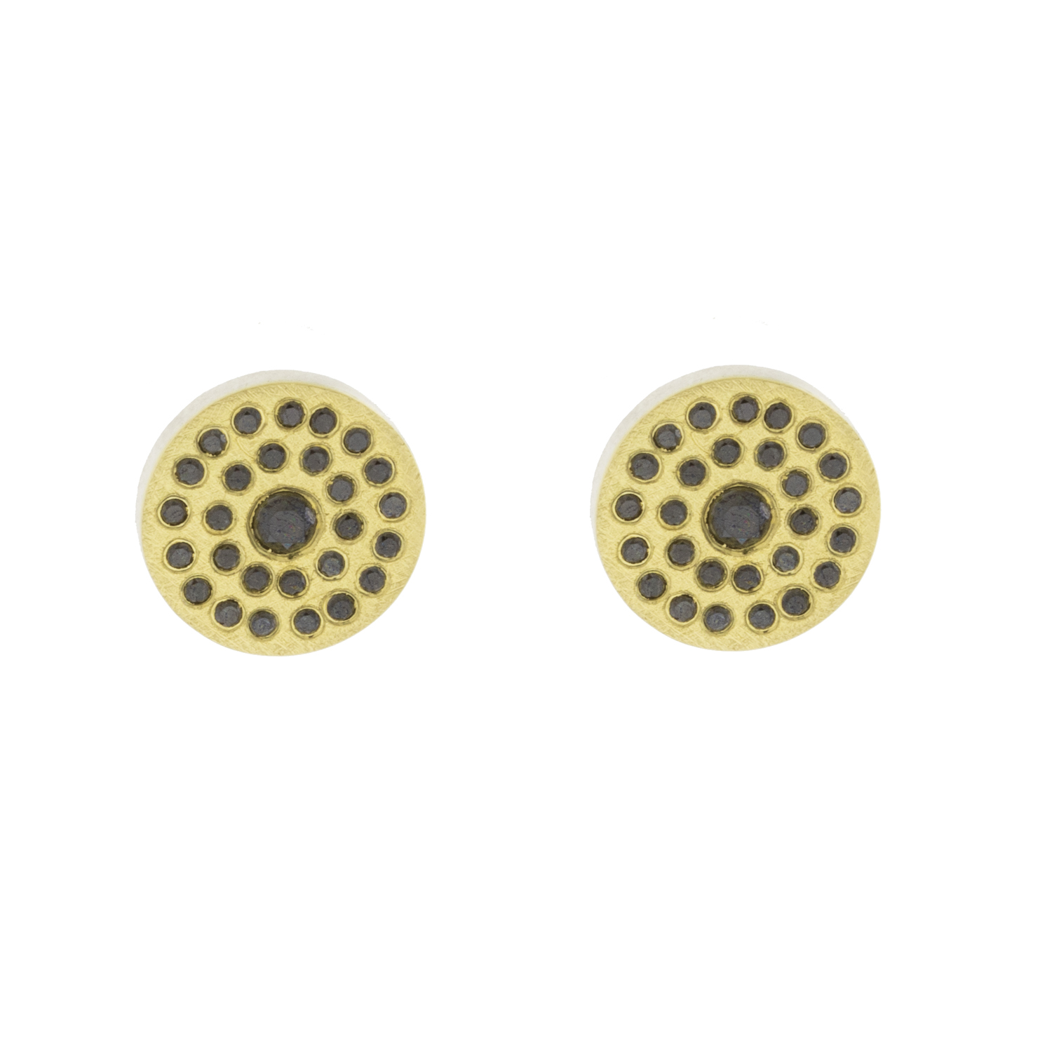 Rene Escobar Trunk Show:SS stud earrings with 18k YG top sheet set with 0.40CT in BK diamonds and 18k YG post.