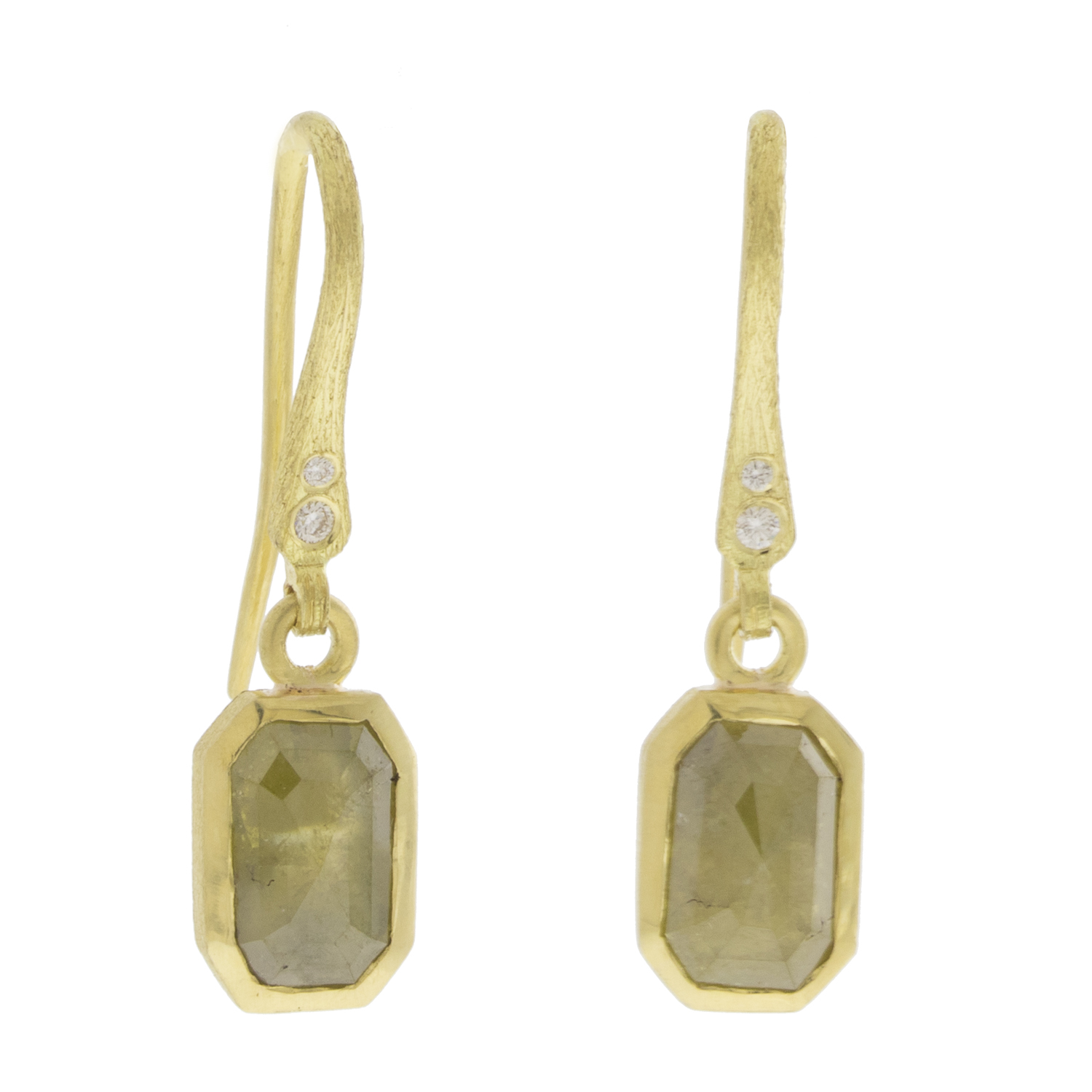 Rene Escobar Trunk Show:YG DROP EARRINGS WITH YG BEZELS SET WITH RUSTIC DIAMONDS AND YG WIRE SET WITH WH DIAMONDS.