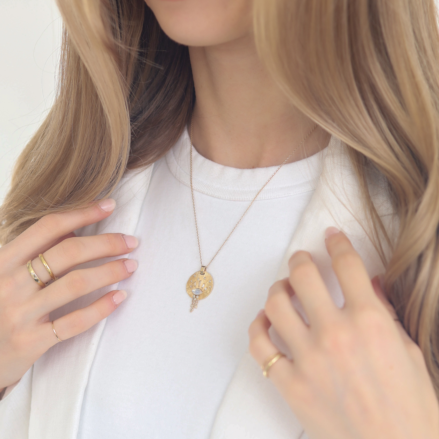 Celine Daoust:Necklace,moonstone Marquise and diamond fringe,14k YG