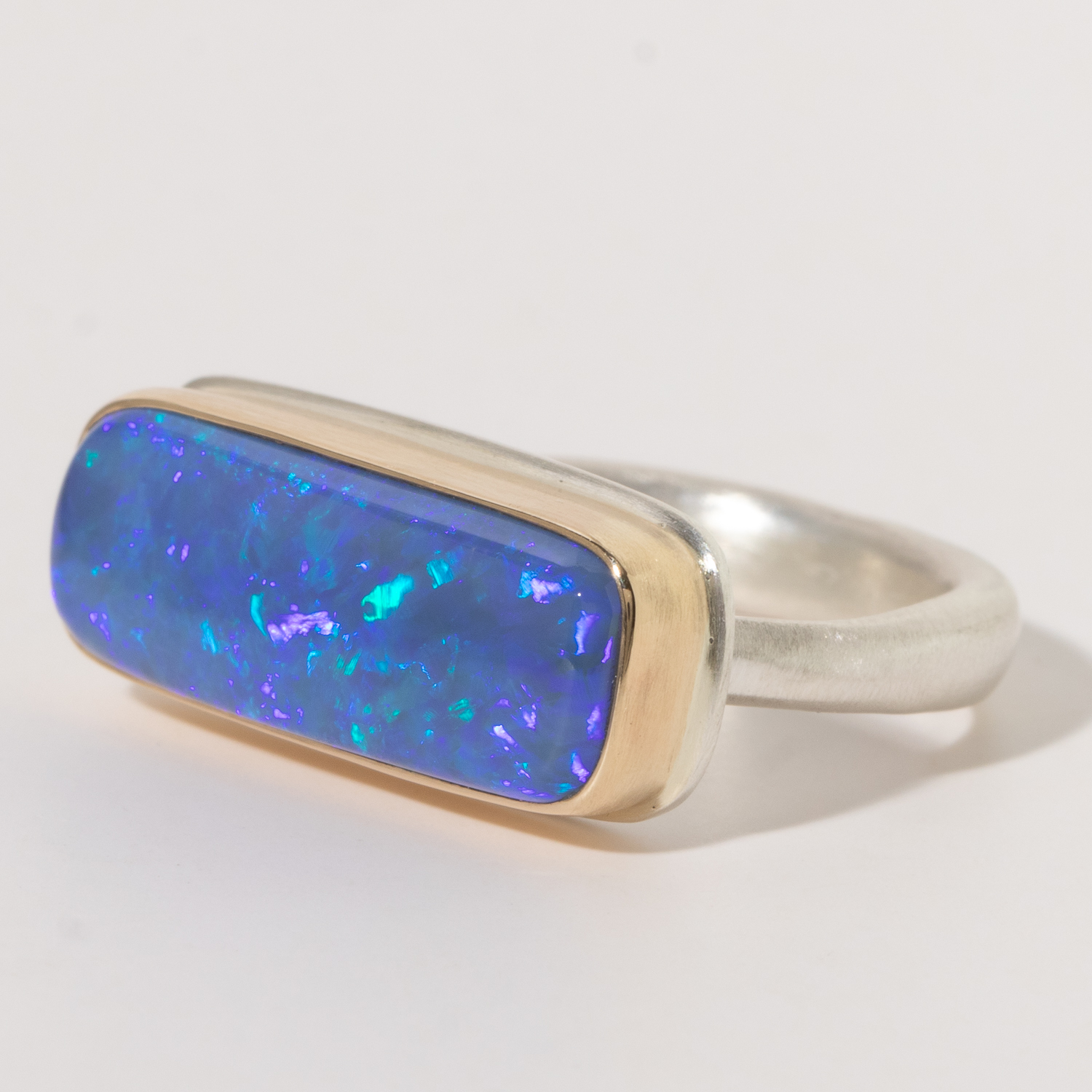 Jamie Joseph:Sterling & 14K Gold Ring w/RectangularAUSTRALIAN OPAL on Egyptian Band, size 7.5, 5/16 x 13/16