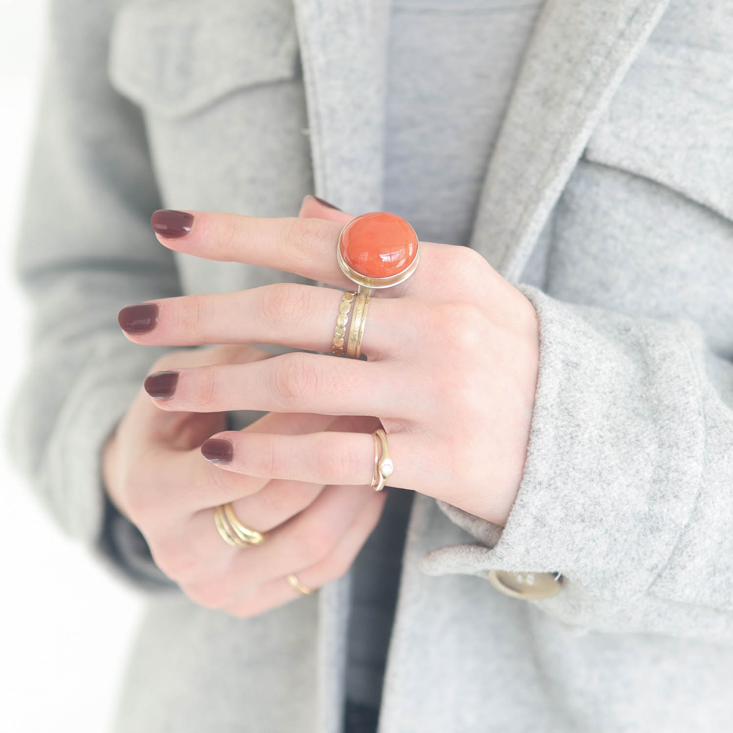 Jamie Joseph:Sterling Silver & 14K Gold Ring w/ Round Smooth RED CORAL on Groovy Band, size 7 3/4, 13/16 diameter