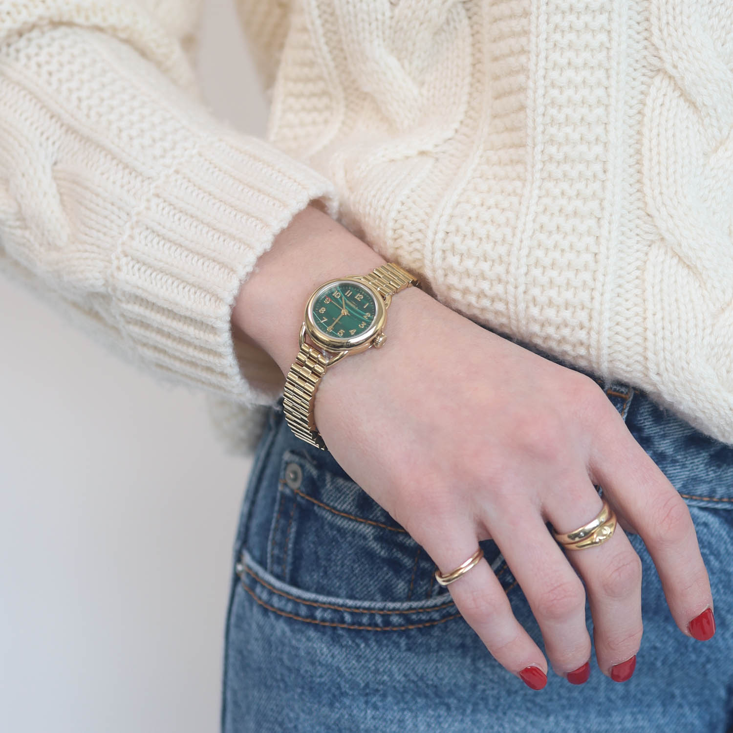 Shinola: Watch, Runabout 3H 25mm, Gold Bracelet, Malachite
