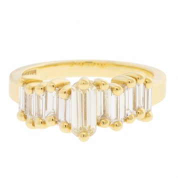 Suzanne Kalan: Ring 18K Yellow Gold OAK .90 tcw white diamond Baguette, .67 Yellow Diamond Center Total stones 11 size 7