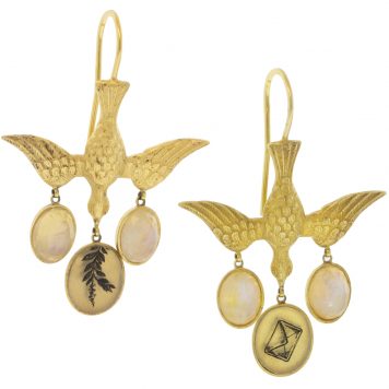 Anzu: Peace Dove Earhangers, Gold Vermeil, Moonstone
