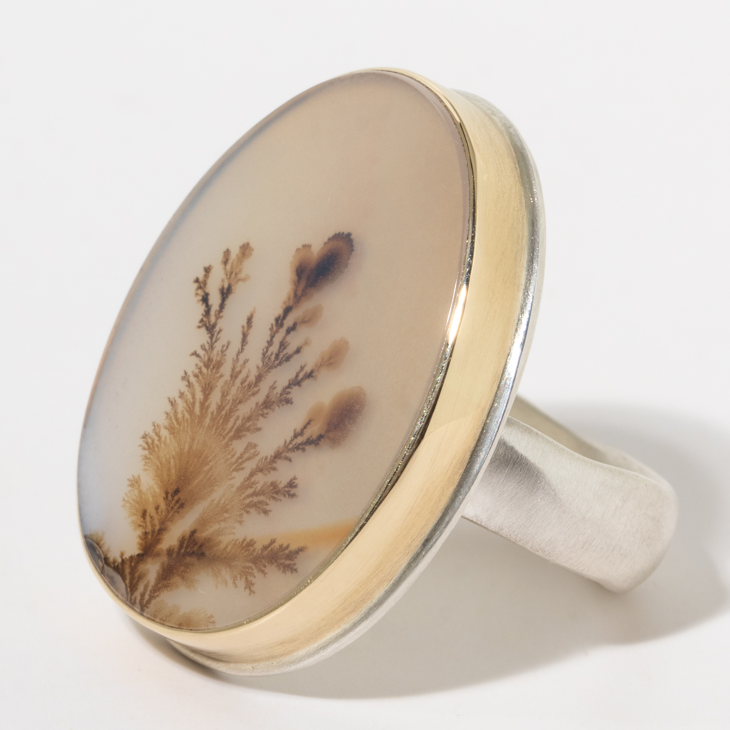 Jamie Joseph : Sterling & 14K Gold Ring w/ Large Vertical Asymmetrical DENDRITIC AGATE on Groovy Band, sz 7.75,1 x 13/16