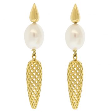 Ray Griffiths: 18k YG Teardrop & Freshwater Pearl tops with 25mm Crownwork spear Dangle Earrings