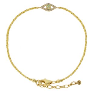 Tai: Bracelet, Gold Clear Opal Evil Eye w/ Gold/Cream Braided Cord, Adjustable Clasp