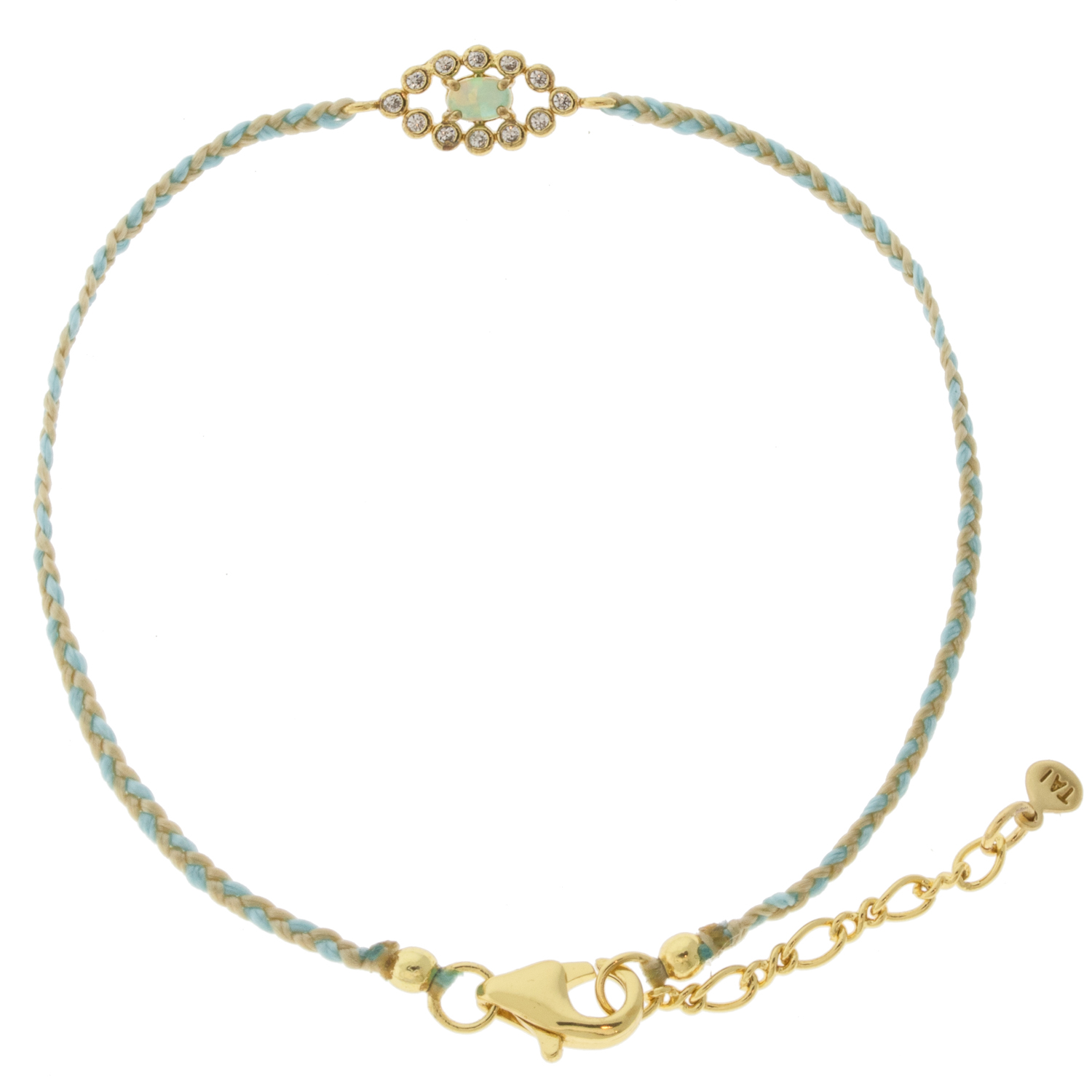 Tai: Bracelet, Gold/Clear Opal Evil Eye w/Light Blue/Cream Cord, Adjustable Clasp