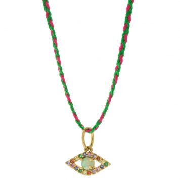 Tai: Necklace, Opal Evil Eye w/ Green/Pink Cord, Adjustable Clasp