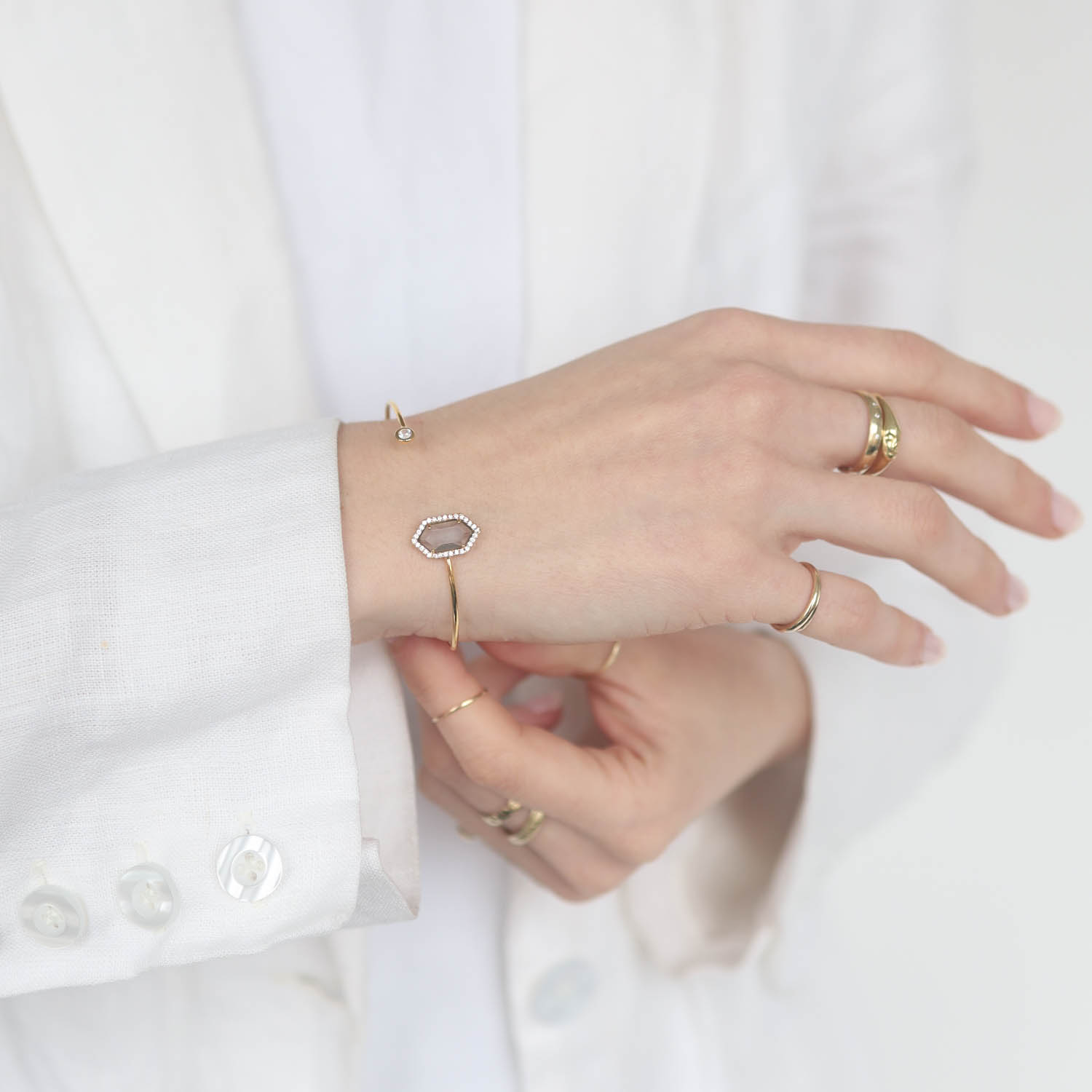Tai: Gold Open Bracelet w/ Hexagon Charcoal Glass & CZ