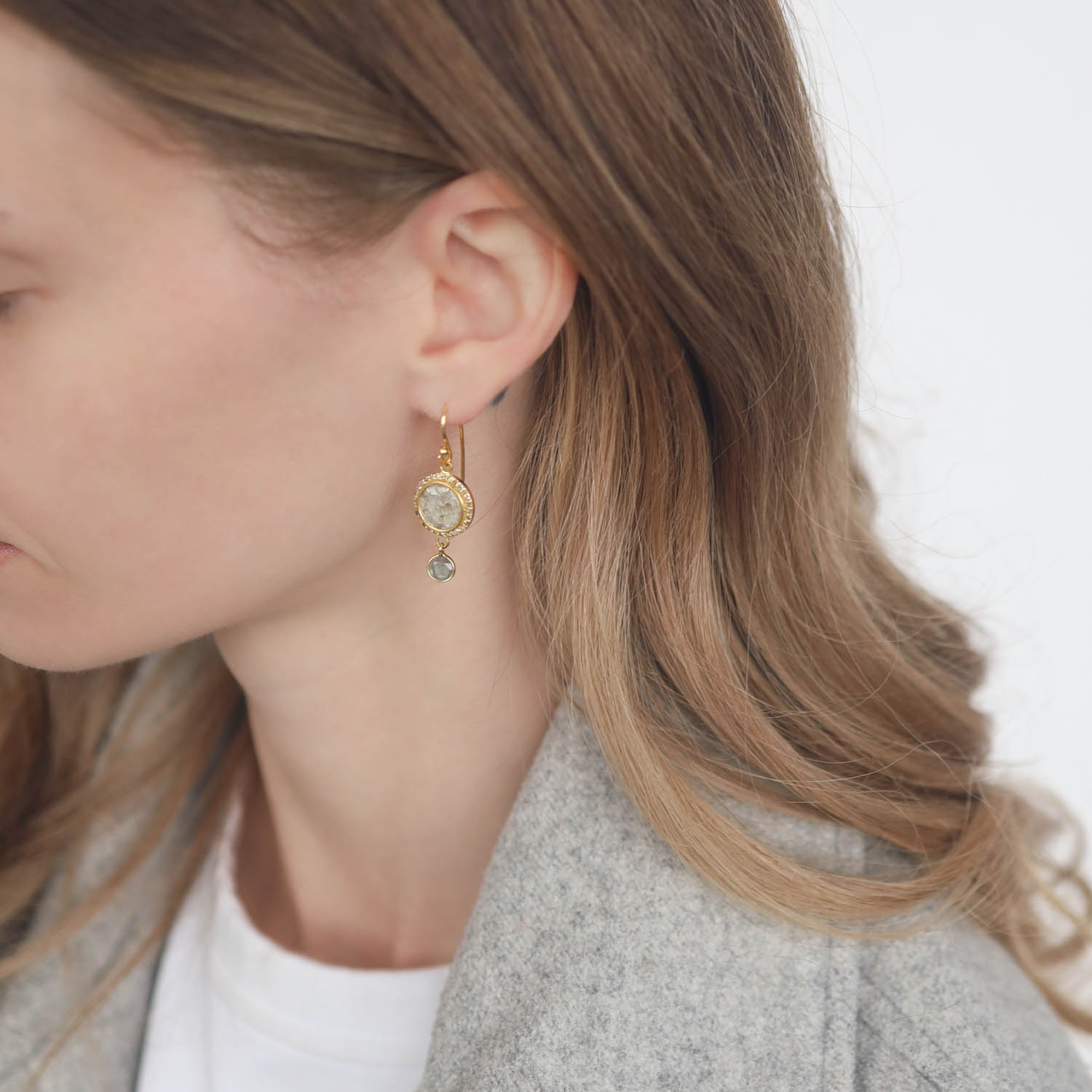 Shana Gulati:VEERA Drop Earrings-Sliced raw uncut diamonds, White Resin, Pave champagne diamonds, Vermeil 18K