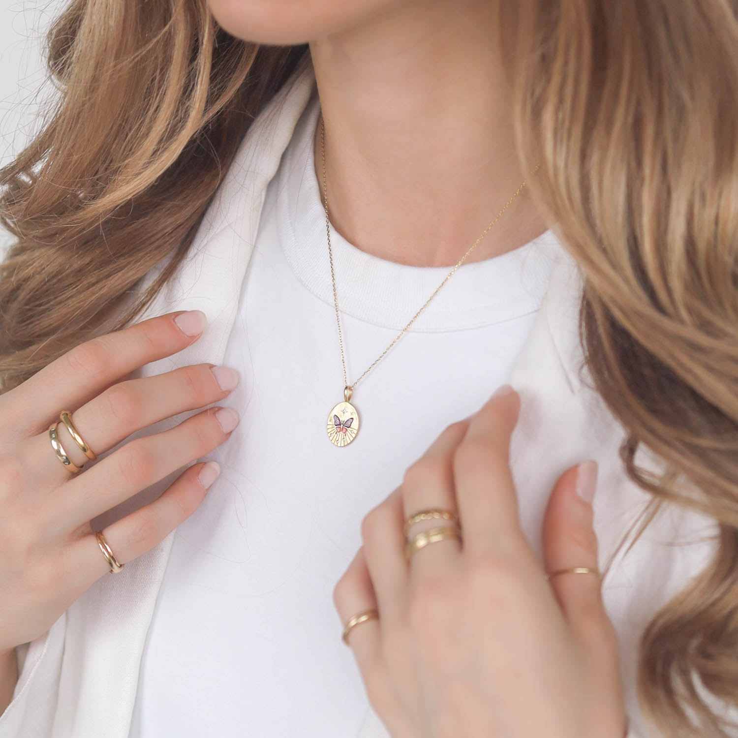 Tai: Gold Vermeil Chain w/ Round Pendant, CZ and Hand-Painted Butterfly