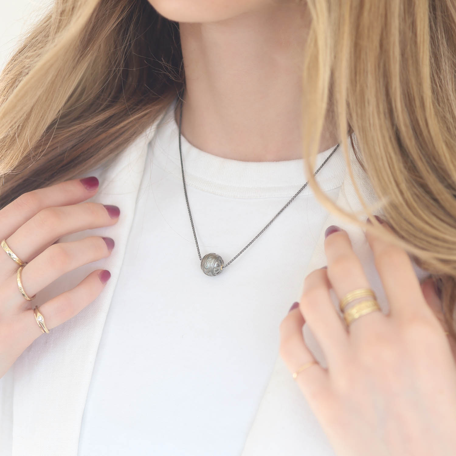 Alison Shiboski:SS 18K Carved Tahitian pearl necklace