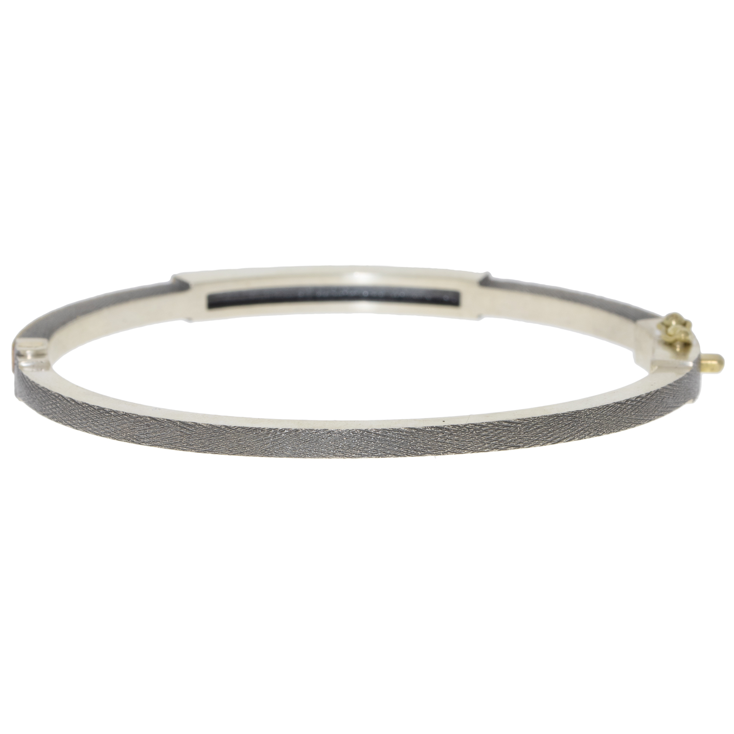 Rene Escobar: DIANA LUX 2.5MM SS hinged bangle featuring an 18k YG push button style clasp and 18k YG top sheet set with 0.40CT Champagne Diamonds