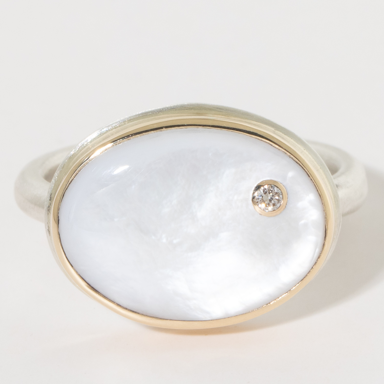 Jamie Joseph:Sterling & 14K Gold Ring w/ Oval MOTHER OF PEARL & .025 ct Diamond on Egyptian Band