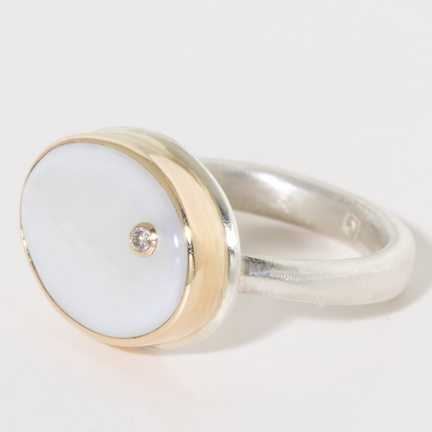 Jamie Joseph:Sterling & 14K Gold Ring w/ Oval MOTHER OF PEARL & .025 ct Diamond on Egyptian Band