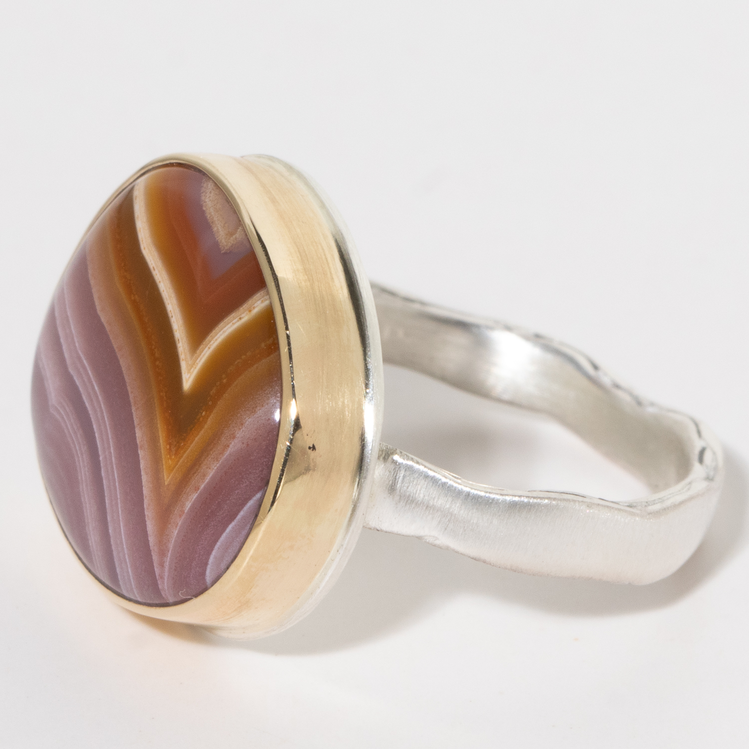Jamie Joseph:Sterling & 14K Gold Ring w/Asymmetrical Smooth AQUA NUEVA AGATE on Eroded Live Edge Band
