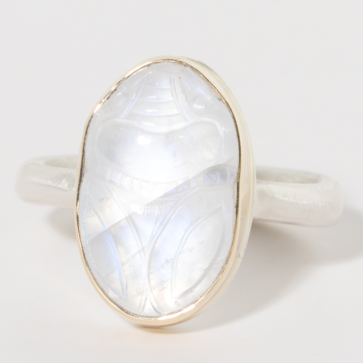 Jamie Joseph:sterling & 14K Gold Ring w/ Vertical Carved Scarab in RAINBOW MOONSTONE on Egyptian Band