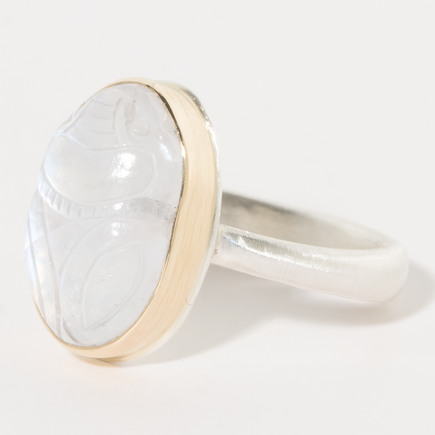 Jamie Joseph:sterling & 14K Gold Ring w/ Vertical Carved Scarab in RAINBOW MOONSTONE on Egyptian Band