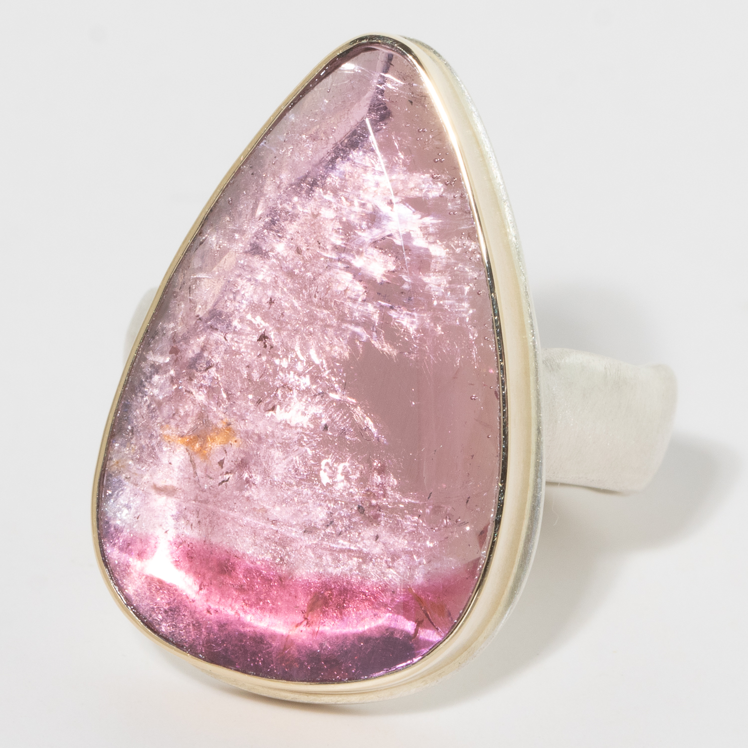 Jamie Joseph:Sterling & 14K Gold Ring w/ Vertical Teardrop Smooth PINK TOURMALINE on Groovy Band