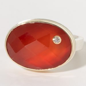 Jamie Joseph:Sterling & 14K Gold Ring w/ Checkerboard Oval Carnelian & .03 ct Diamond on X Band