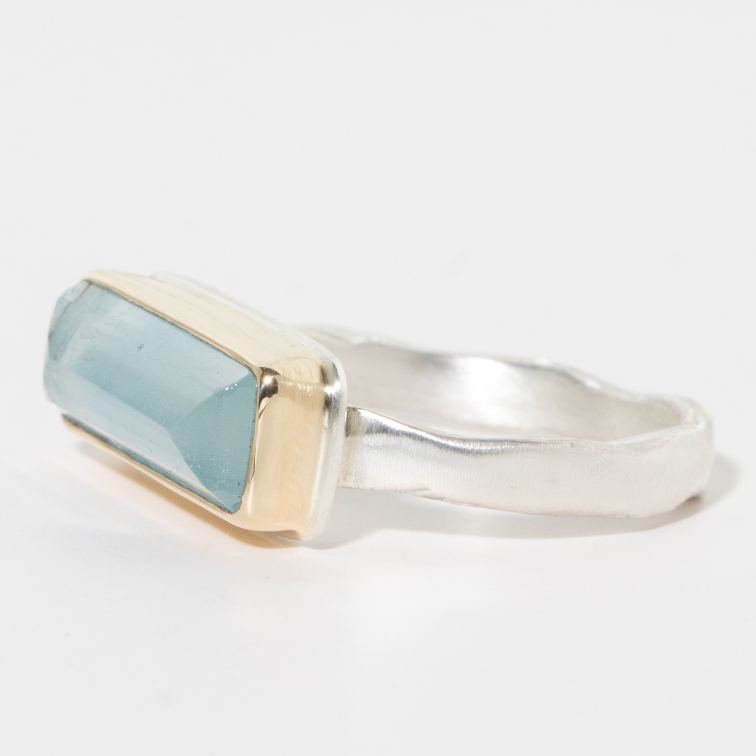 Jamie Joseph:Sterling & 14K Gold Ring w/ Skinny Rectangular AQUAMARINE on Eroded Live Edge Band