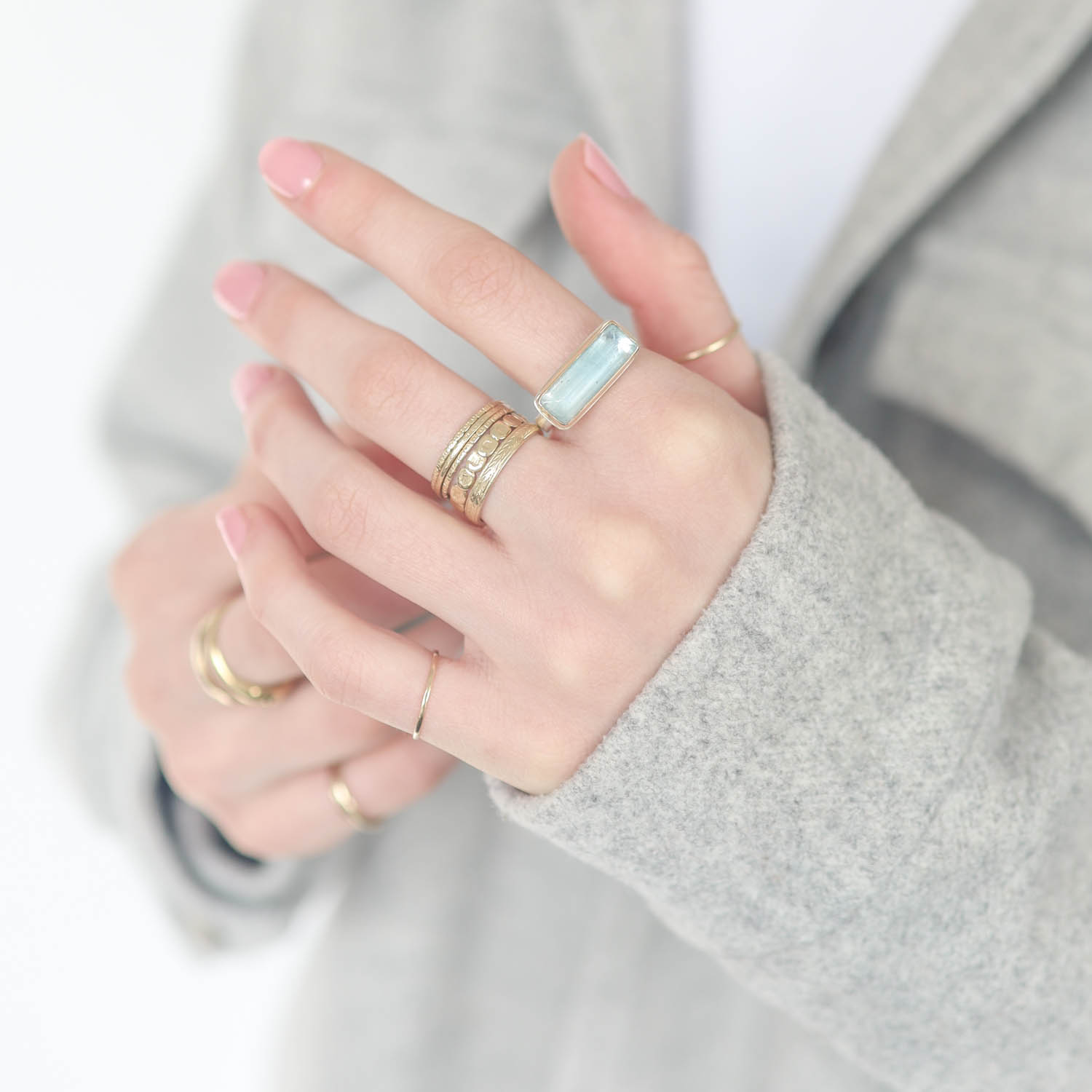 Jamie Joseph:Sterling & 14K Gold Ring w/ Skinny Rectangular AQUAMARINE on Eroded Live Edge Band