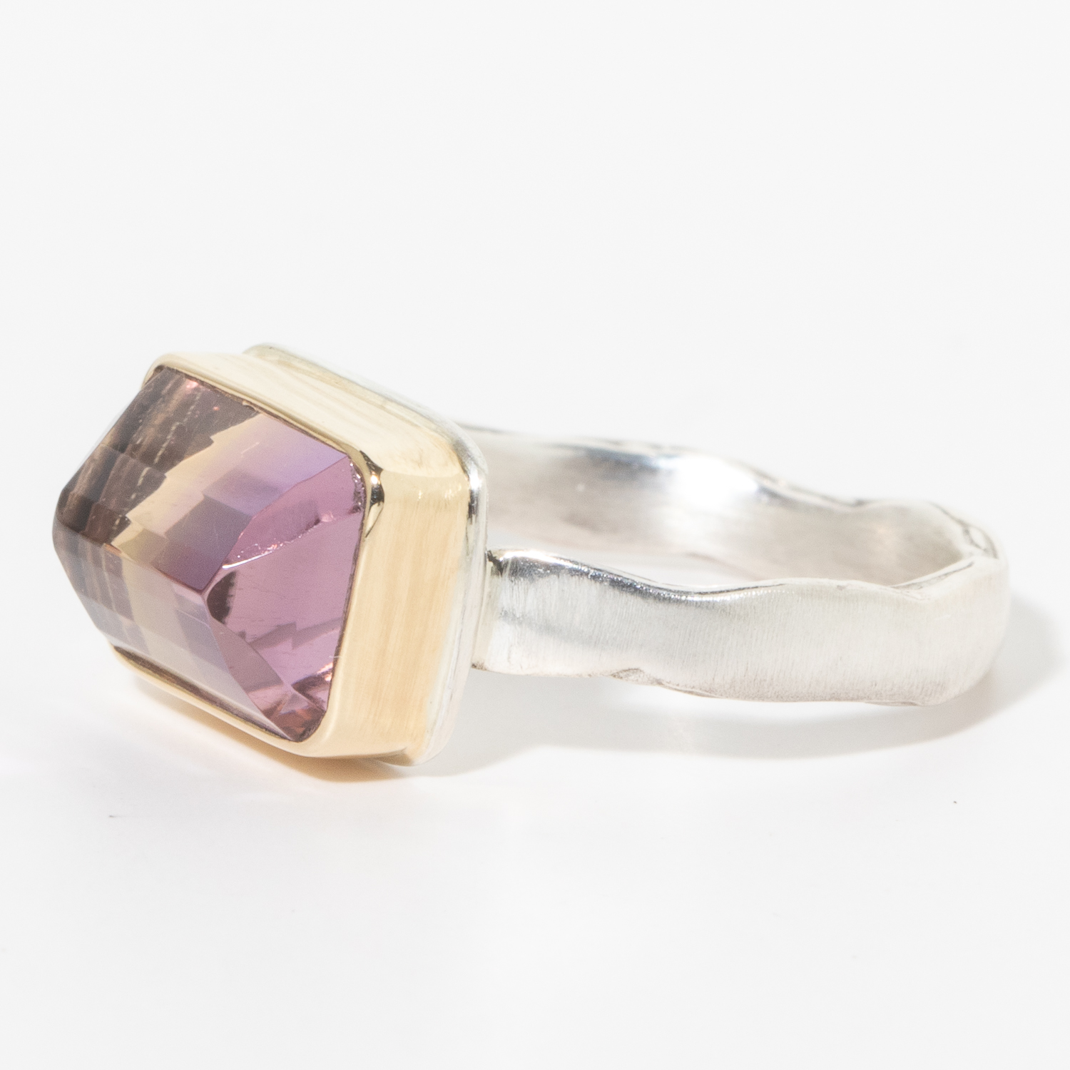 Jamie Joseph:Sterling & 14K Gold Ring w/ RectangularAMETRINE on Eroded Live Edge Band