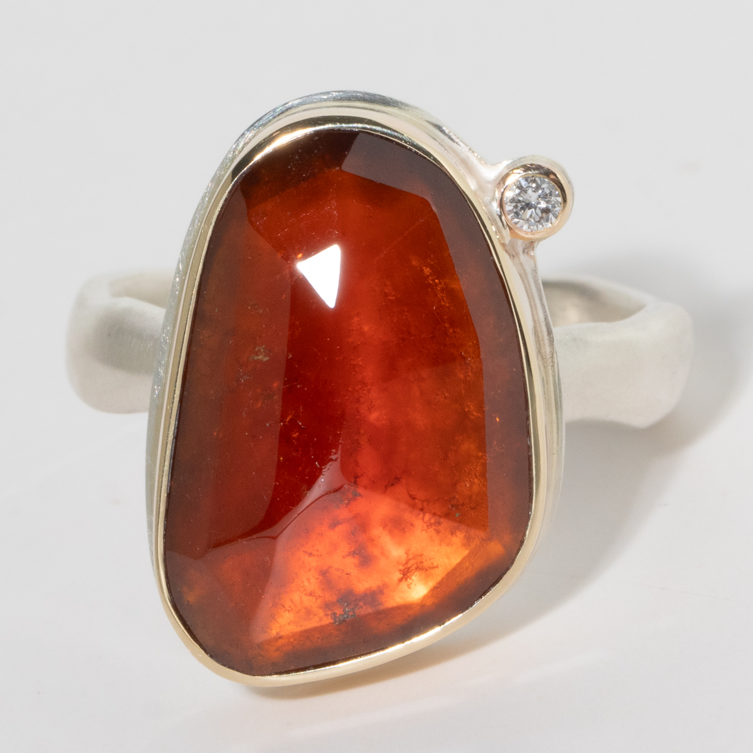 Jamie Joseph:Sterling & 14K Gold Ring w/Asymmetrical Faceted HESSONITE GARNET and .025 Satelite Diamond on Middle Groovy Band