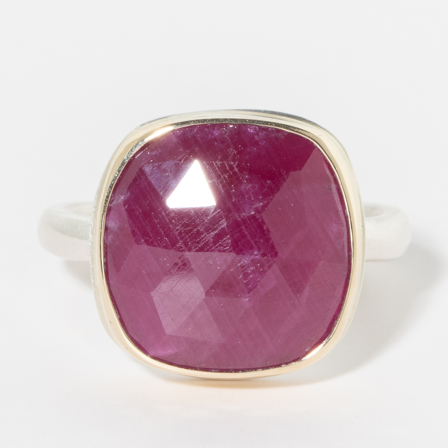 Jamie Joseph:Sterling & 14k Gold Ring w/ Small Square Rose Cut INDIAN RUBY on Middle Organic Band