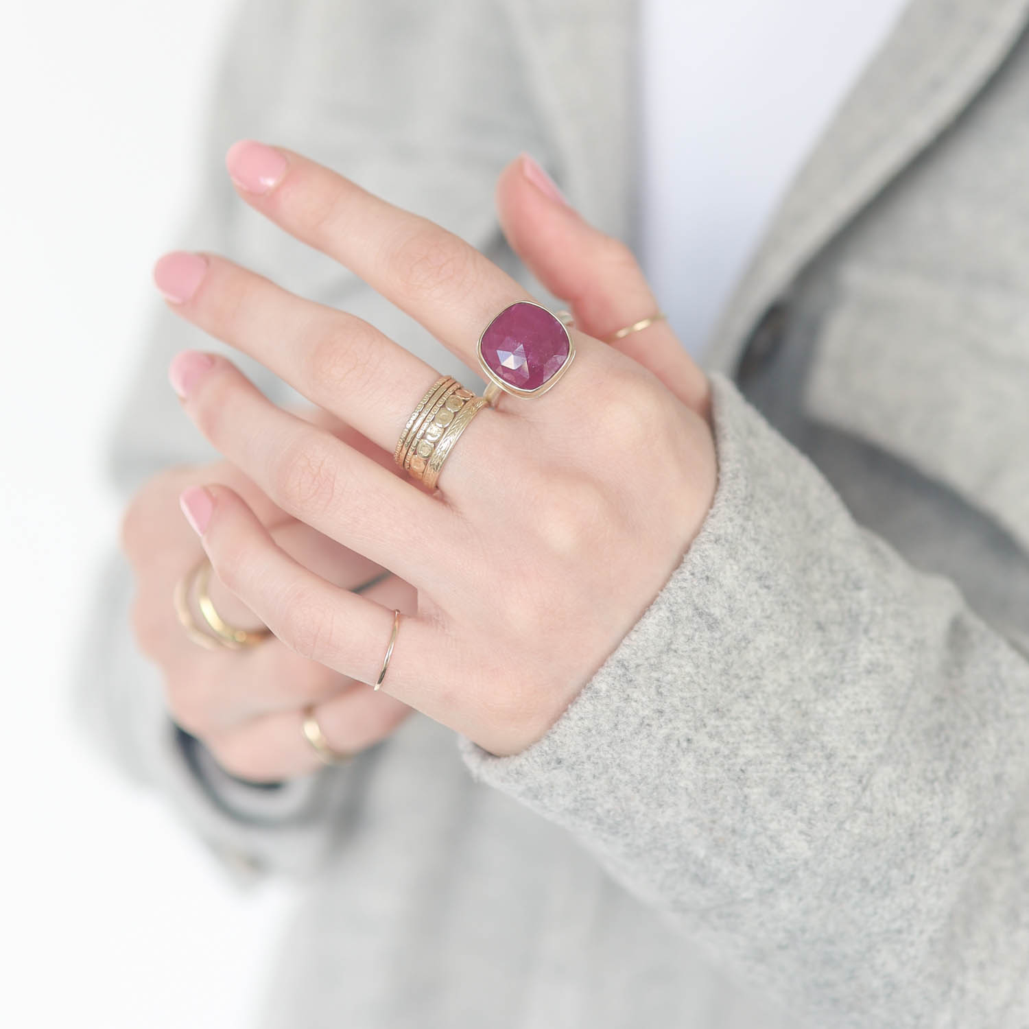 Jamie Joseph:Sterling & 14k Gold Ring w/ Small Square Rose Cut INDIAN RUBY on Middle Organic Band