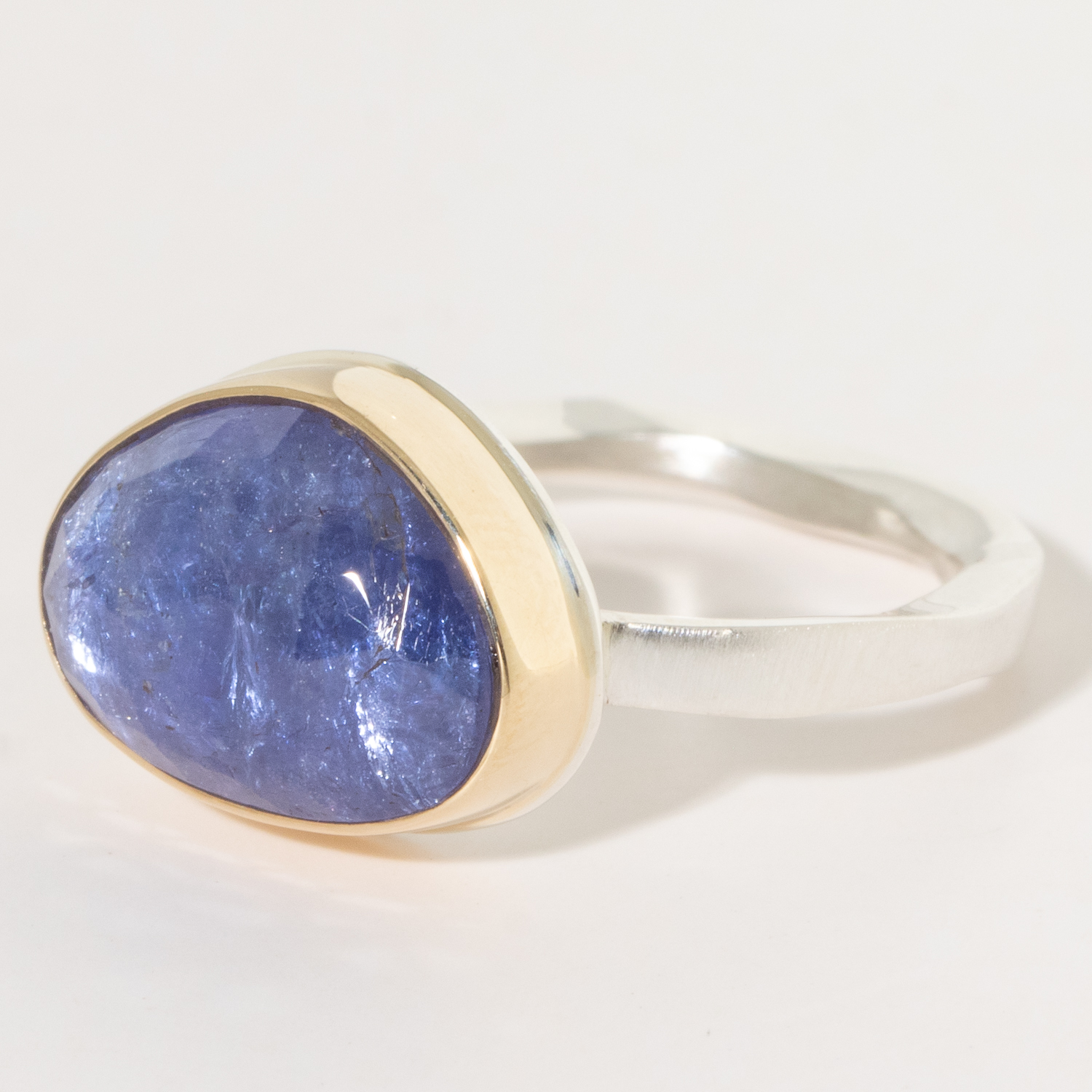 Jamie Joseph:Sterling & 14K Gold Ring w/Asymmetrical Rose Cut TANZANITE on Soft Live Edge Band