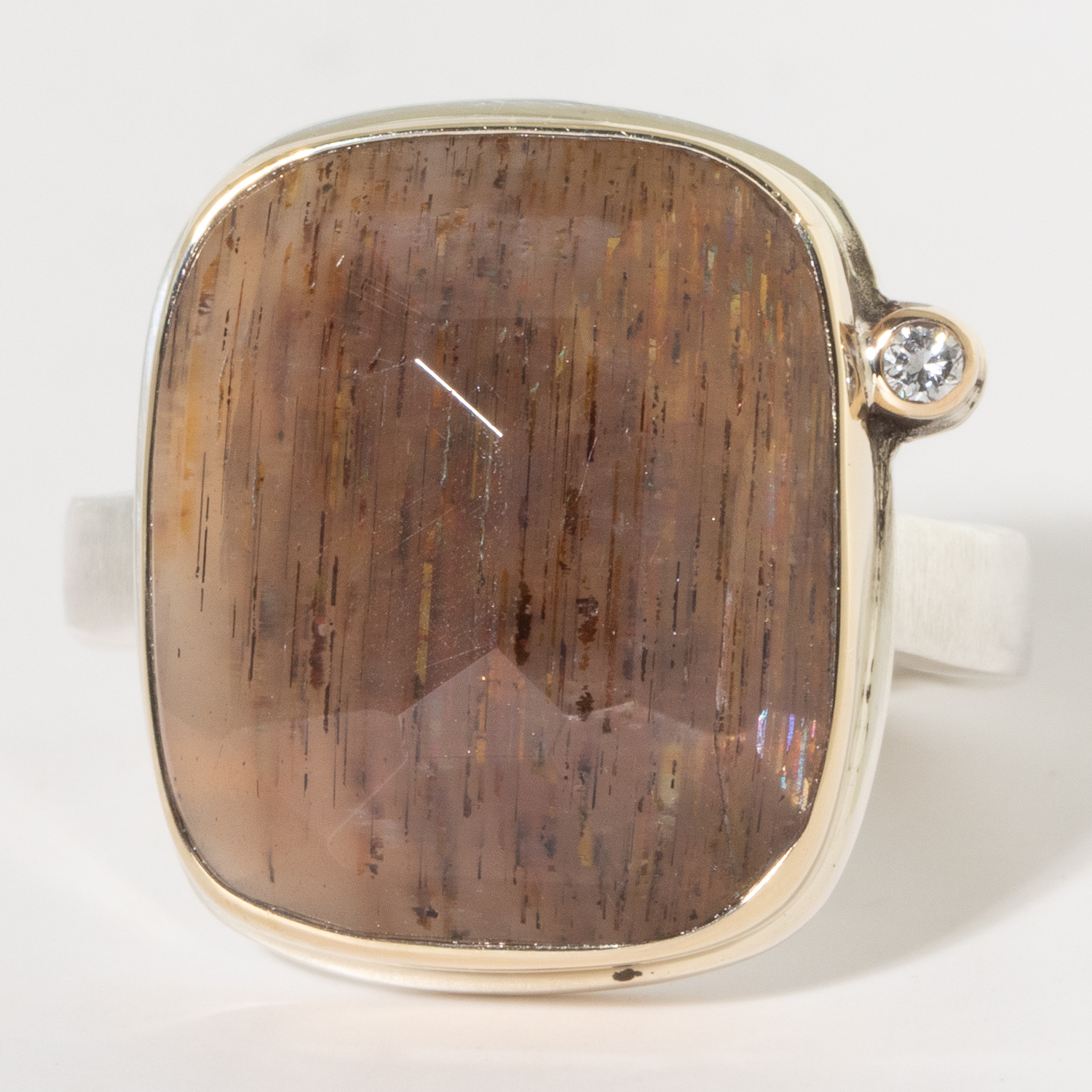 Jamie Joseph:Sterling & 14K Gold Ring w/Asymmetrical Faceted FELDSPAR & SUNSTONE on Soft Live Edge Band